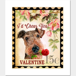 Airedale terrier Vintage Valentine Funny Dog With Rose Posters and Art